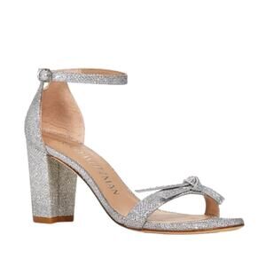 Stuart Weitzman Silver Glittered Leather Sandals with Bows – Sz 8.5B